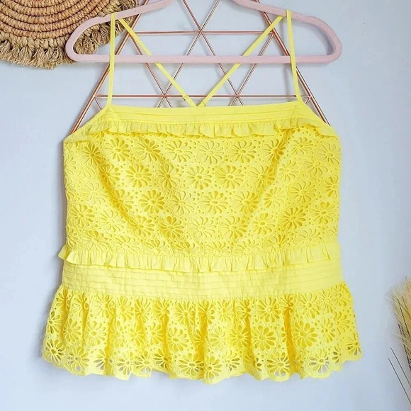 J. Crew, New, Yellow Cross Back Smocked Waist Peplum Eyelet Top, Size XL - Picture 2 of 15